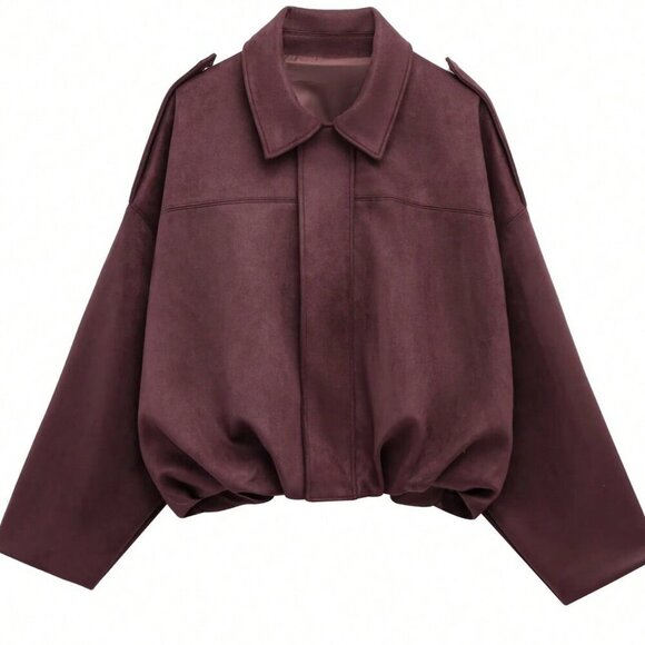 Burgundy Casual Women's  Loose Long Sleeves Zip Bomber Coat Jacket Outerwear - Picture 5 of 6